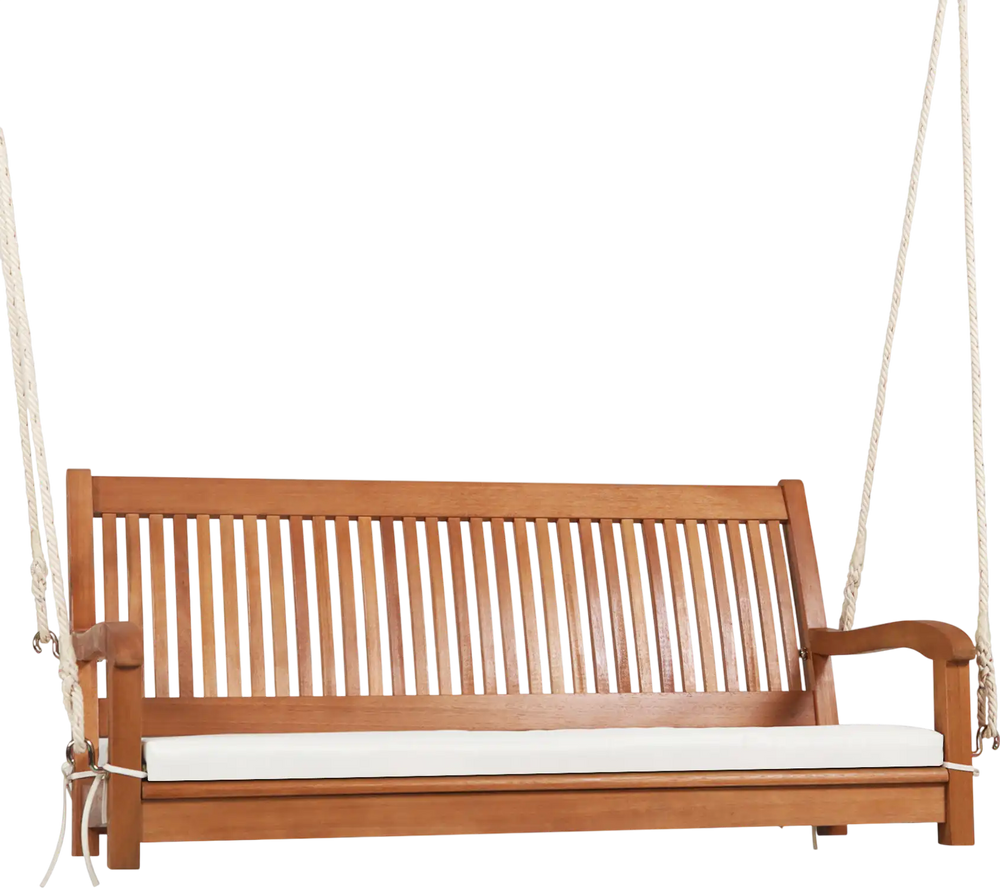 2-Person Hanging Porch Swing Wood Bench with Cushion Curved Back