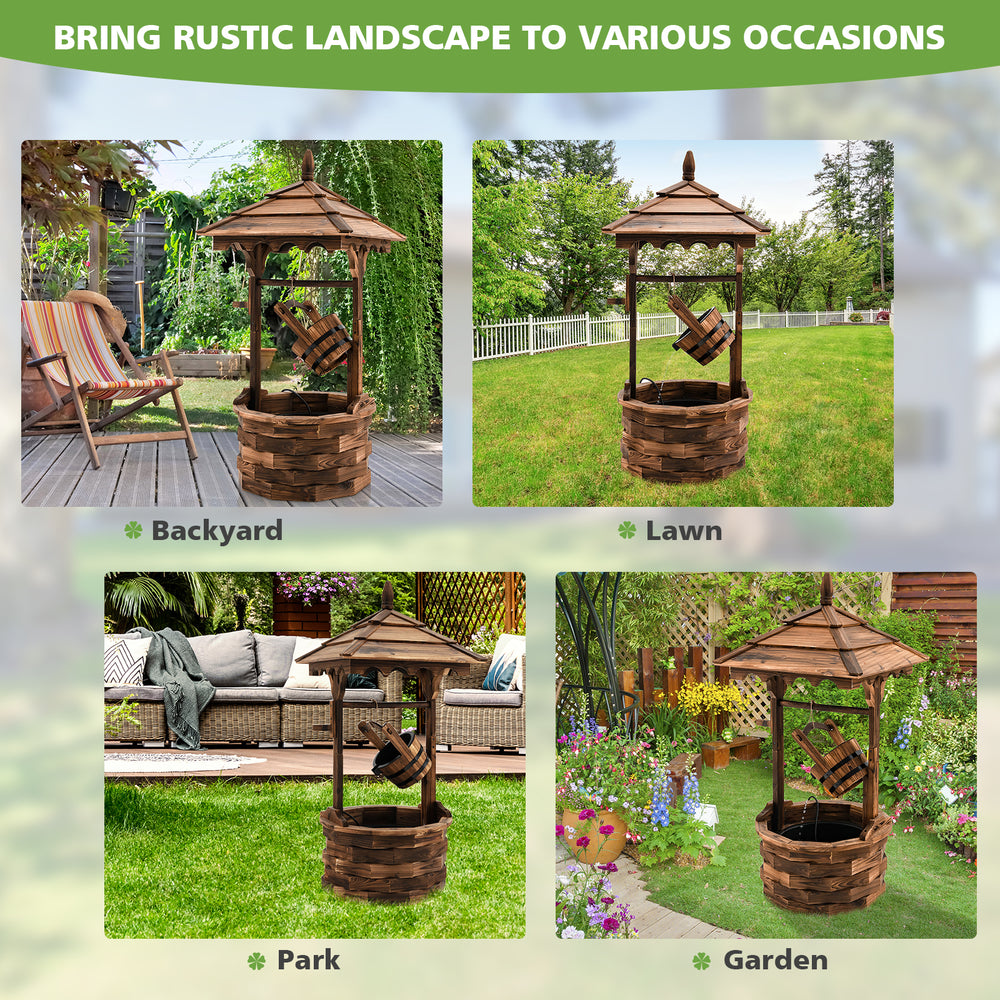 Patio wooden water fountain with electric pump, featuring a brown finish and decorative pavilion for outdoor gardens.