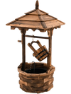 Patio wooden water fountain in brown with electric pump, featuring a decorative pavilion and large capacity bucket for.
