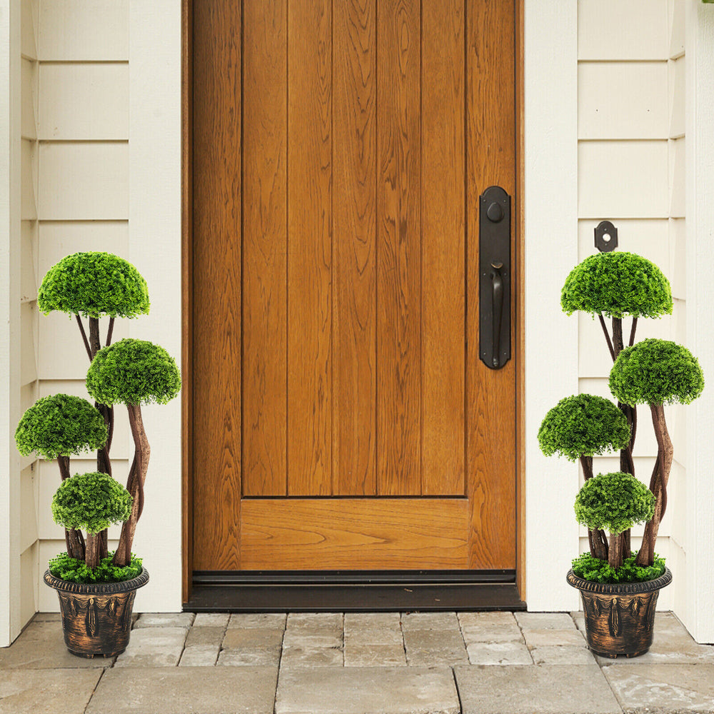 Three feet tall decorative artificial cedar topiary tree with a thick rattan trunk, ideal for enhancing outdoor.