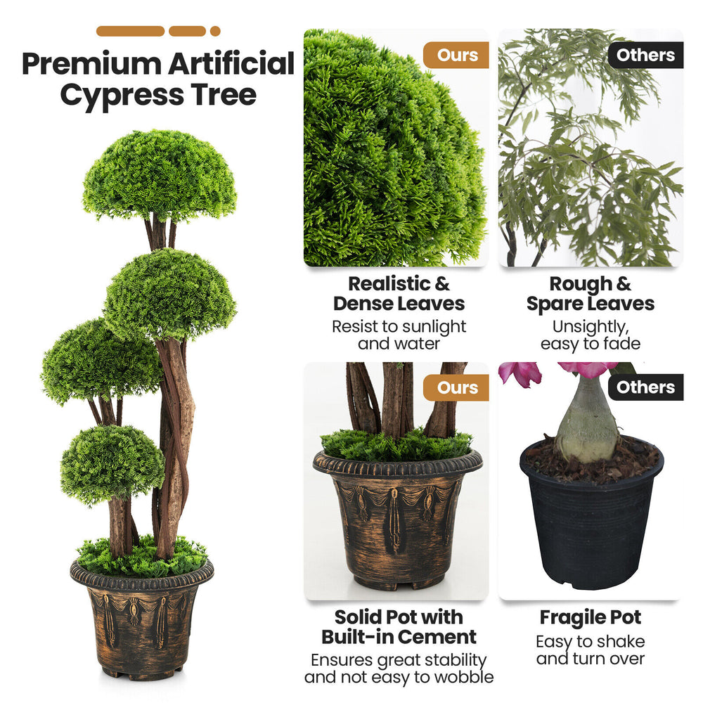 3 feet decorative artificial cedar topiary tree with layered PE leaves and cement-filled pot for stable indoor or.
