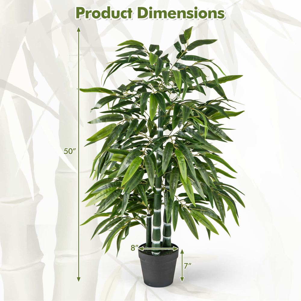 Fake bamboo leave tree with 3 PE bamboo trunk, 50" tall, ideal for home or office decor with vibrant leaves.
