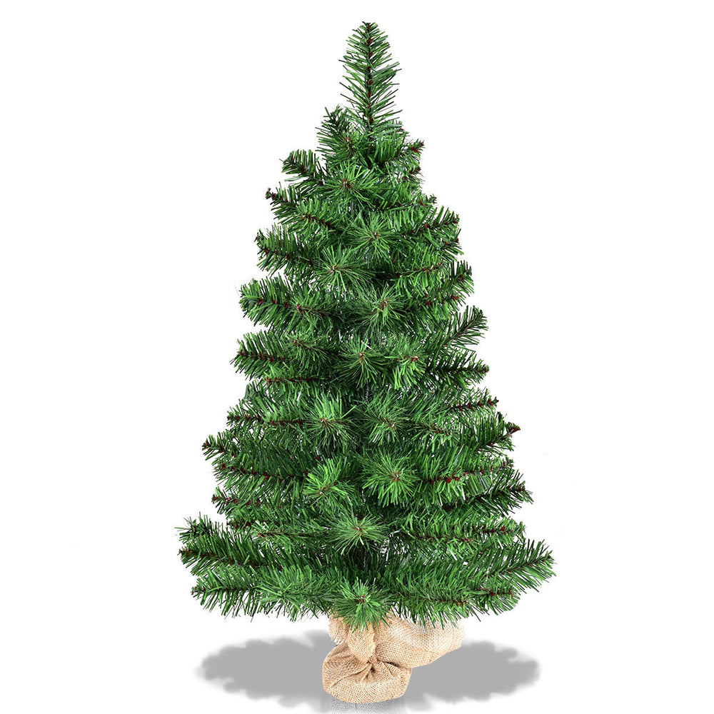 2 ft artificial Christmas tree with eco-friendly PVC branches and burlap bag base, perfect for corner decoration.