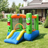 Brightly colored inflatable bounce house with slide and mesh walls, perfect for kids' outdoor play and safety.