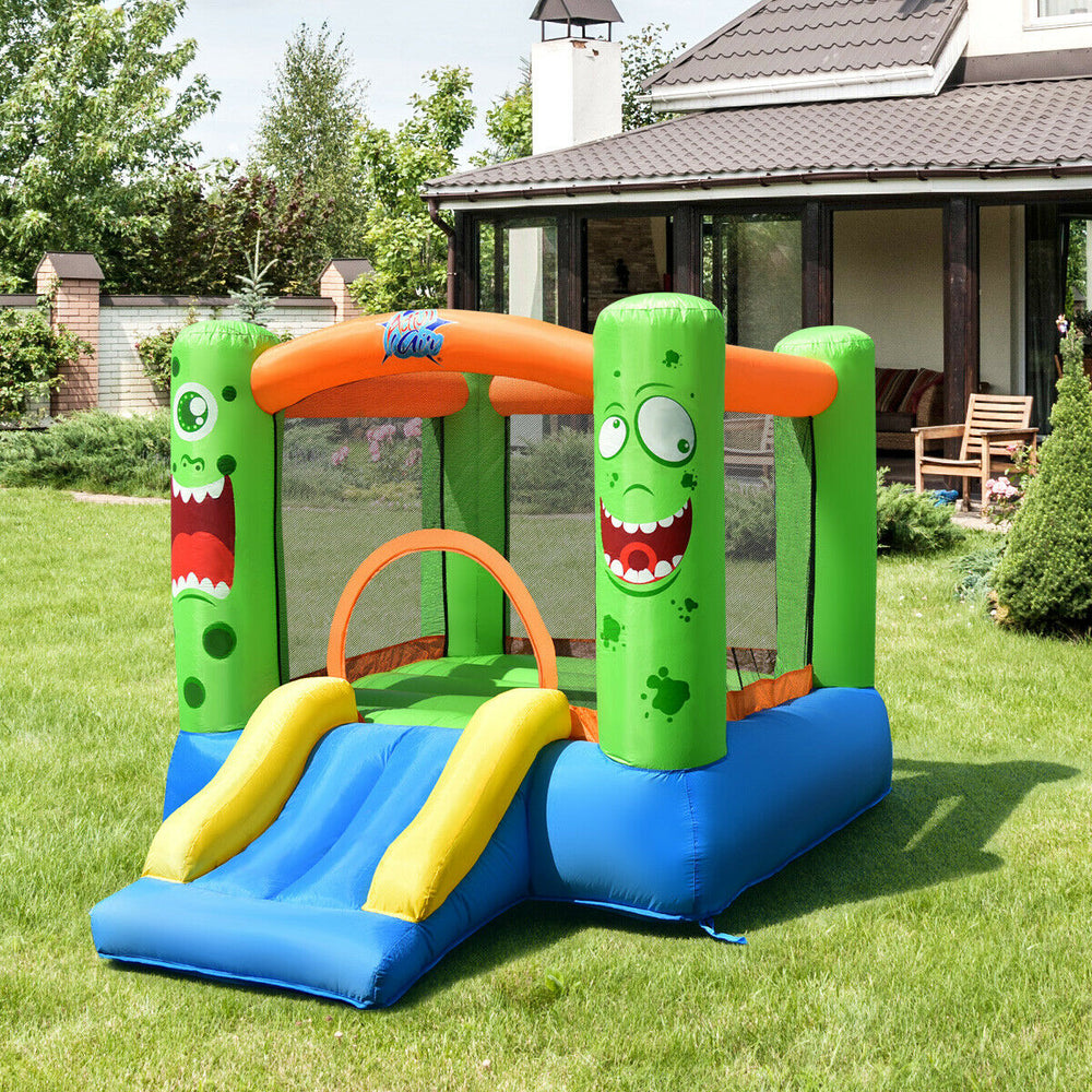 Brightly colored inflatable bounce house with slide and mesh walls, perfect for kids' outdoor play and safety.
