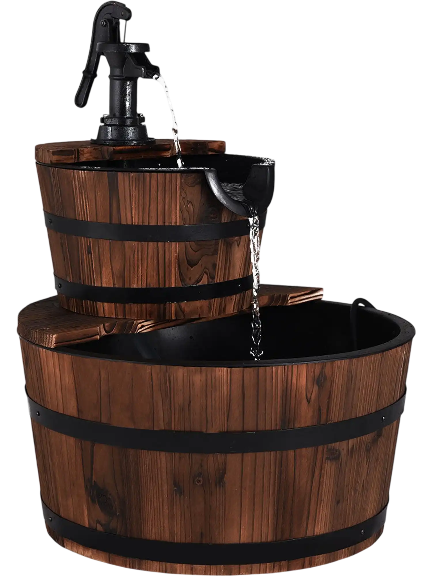 Costway 2-Tier Outdoor Wooden Barrel Waterfall Fountain with Pump 35981264 New