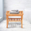 Bamboo shower chair bench with storage shelf, moisture-resistant design, ideal for bathroom or sauna use.