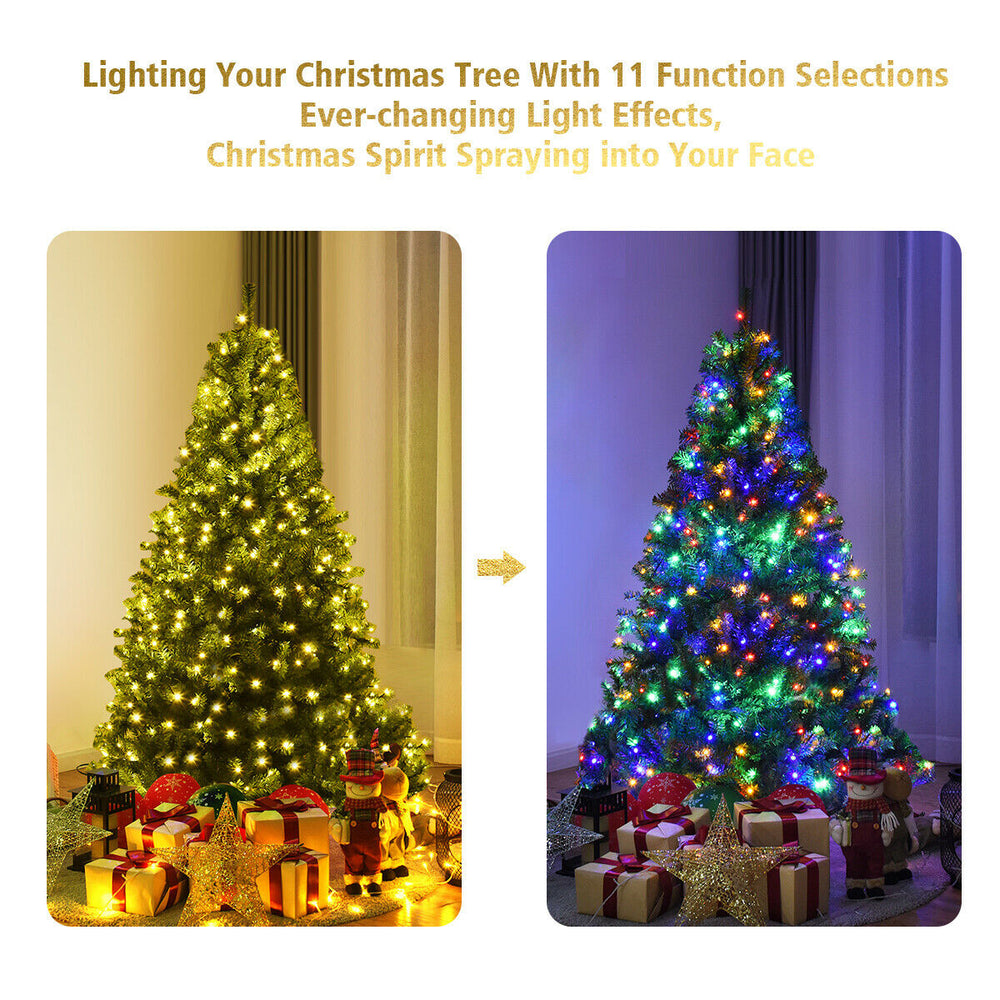 5 ft artificial Christmas tree with dense PVC needles, pre-lit with 11 LED light patterns for festive decoration.