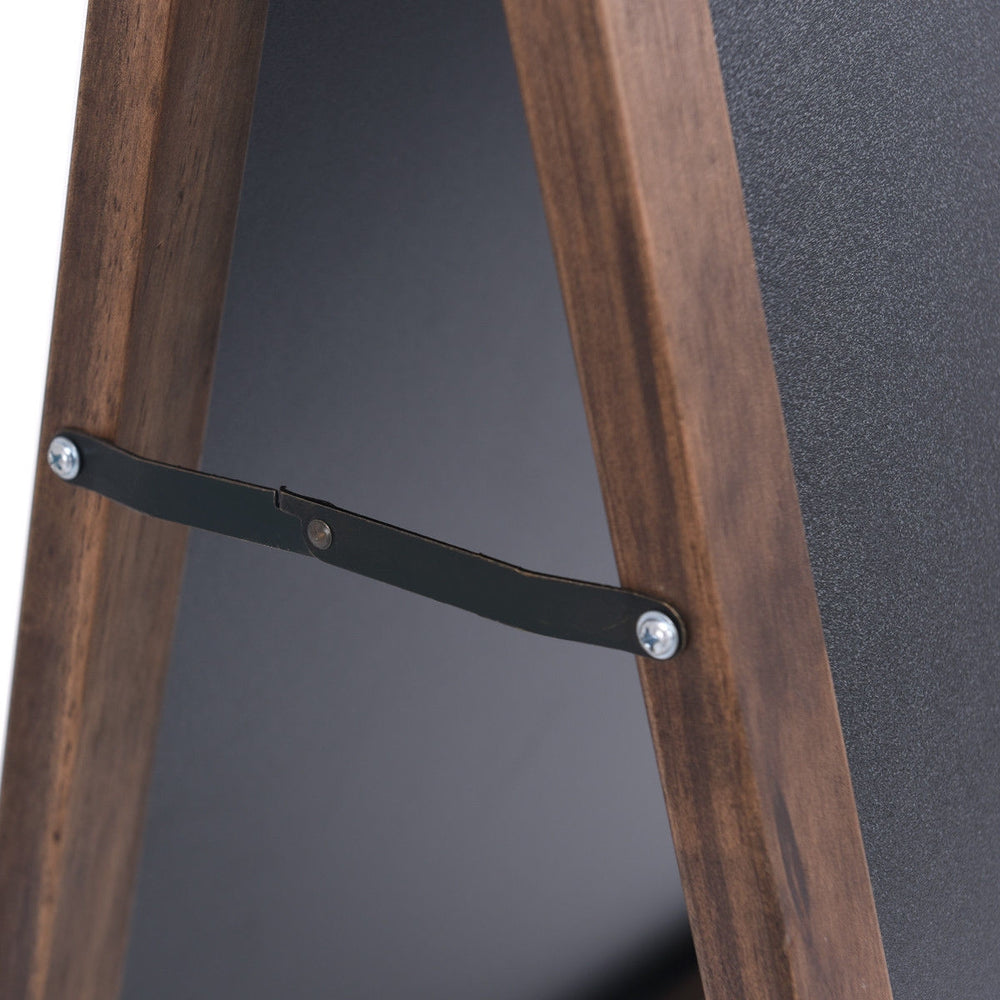 Close-up of the hinge detail on the 31.5 Inch Wood A-Frame Sidewalk Signage Chalkboard for stable outdoor use.