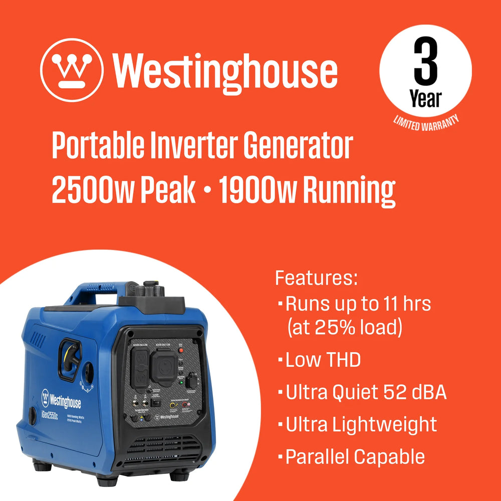 Westinghouse iGen2550c Inverter Generator 1900W/2550W 30 Amp Recoil Start Gas with CO Sensor New