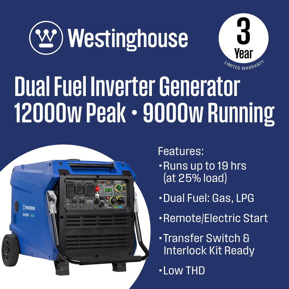 Westinghouse iGen12000DFc Inverter Generator 9000/12000W Dual Fuel Gas Propane 50A Low THD CO Sensor Remote Start New