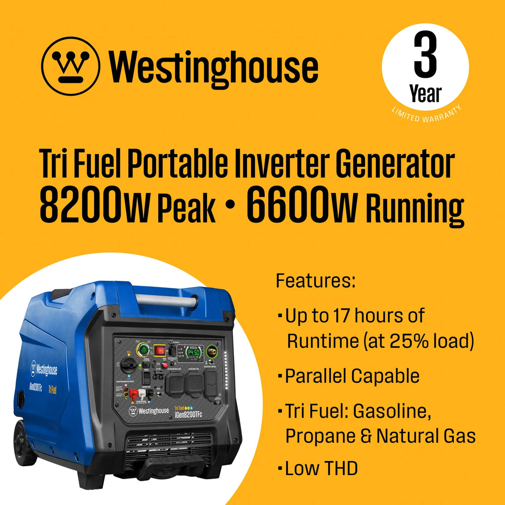 Westinghouse iGen8200TFc Inverter Generator 6600/8200W Tri Fuel Gas Propane Natural Gas Low THD Remote Start CO Sensor New