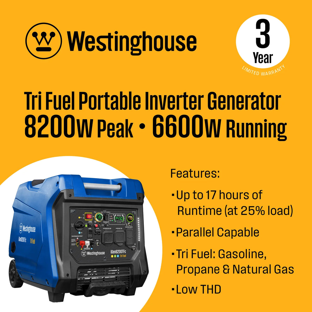 Westinghouse iGen8200TFc Inverter Generator 6600/8200W Tri Fuel Gas Propane Natural Gas Low THD Remote Start CO Sensor New