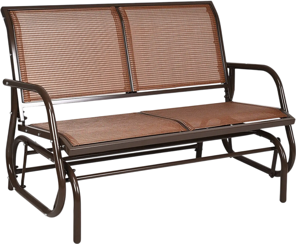 Brown swing glider chair with curved backrest and armrests, made of sturdy steel, ideal for outdoor patios and gardens.