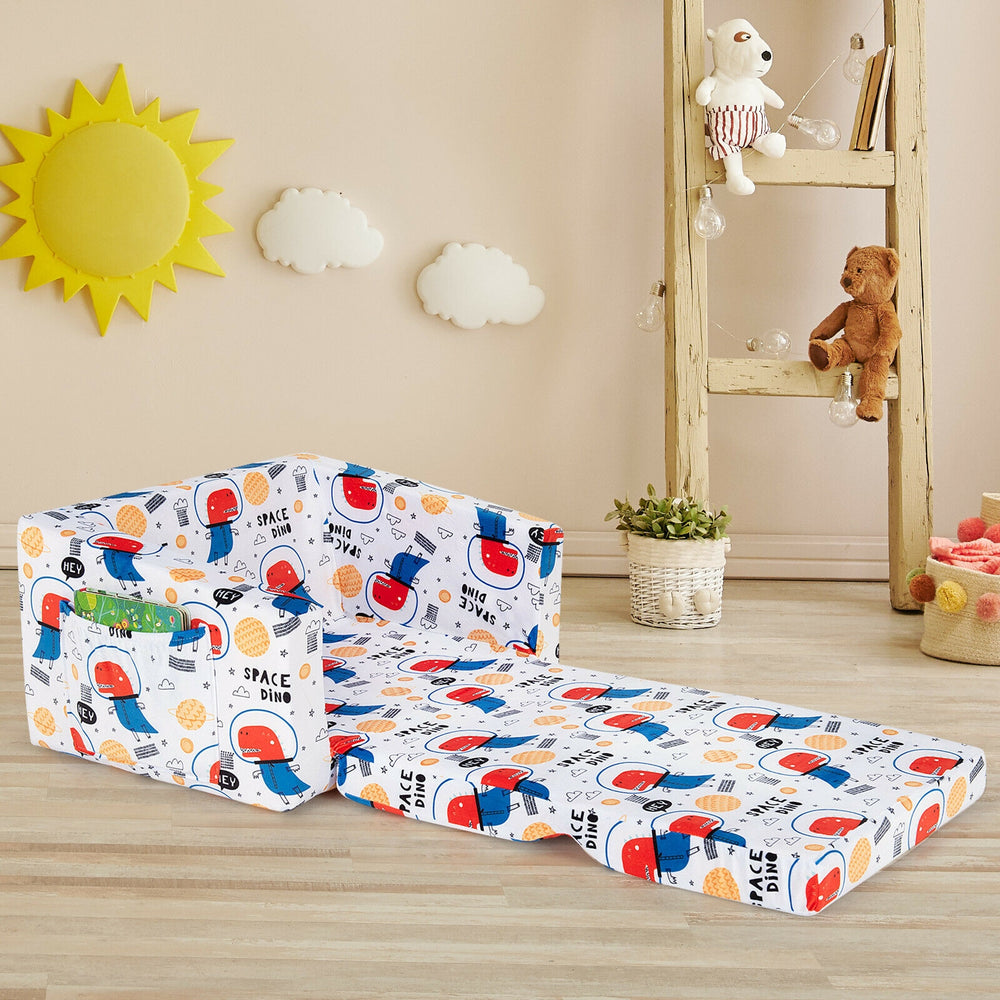 Convertible kids sofa in white velvet with cartoon pattern, designed for lounging or sleeping, ideal for playrooms.