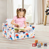 Kids 2-in-1 convertible sofa in white velvet with cartoon pattern, perfect for reading, playing, or relaxing.
