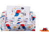 Convertible kids sofa with cartoon pattern, velvet fabric, and storage pockets for snacks and books in a playful room.