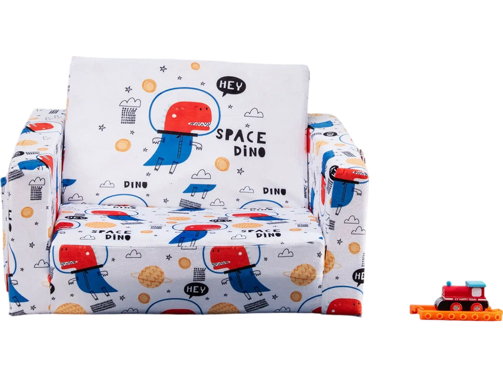 Convertible kids sofa with cartoon pattern, velvet fabric, and storage pockets for snacks and books in a playful room.