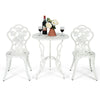 White outdoor cast aluminum patio furniture set with rose design, featuring a table and two chairs for elegant outdoor.
