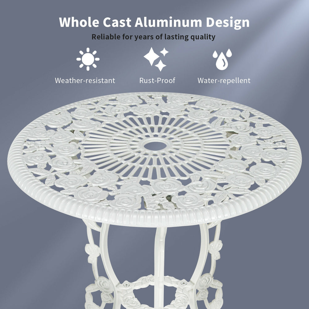 White cast aluminum patio table featuring an elegant rose design, weather-resistant for outdoor use and lasting quality.