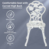 White outdoor chair with rose design, made of rust-resistant cast aluminum, ideal for patio and garden use.