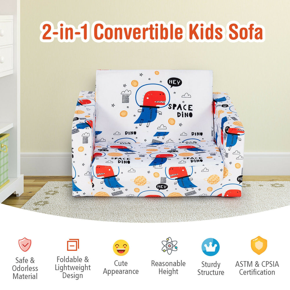 Convertible kids sofa in white velvet with cartoon design, perfect for reading, playing, or napping in any room.