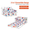 Convertible kids sofa in white velvet with cartoon pattern, transforms from sofa to sleeper, perfect for playrooms.