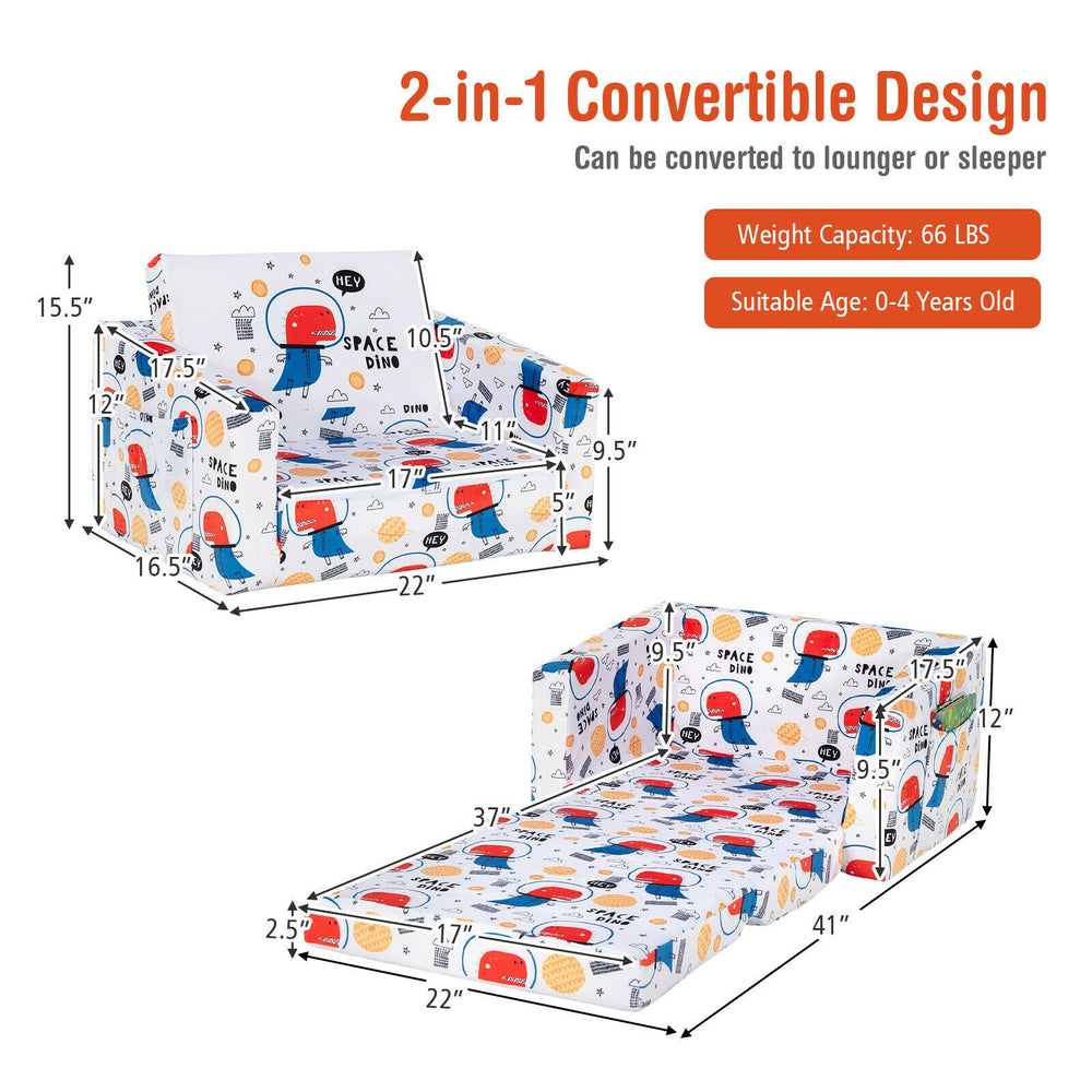 Convertible kids sofa in white velvet with cartoon pattern, transforms from sofa to sleeper, perfect for playrooms.