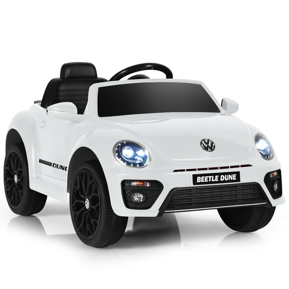 Volkswagen Beetle kids electric ride-on car in white with remote control, lights, and spring suspension for smooth.