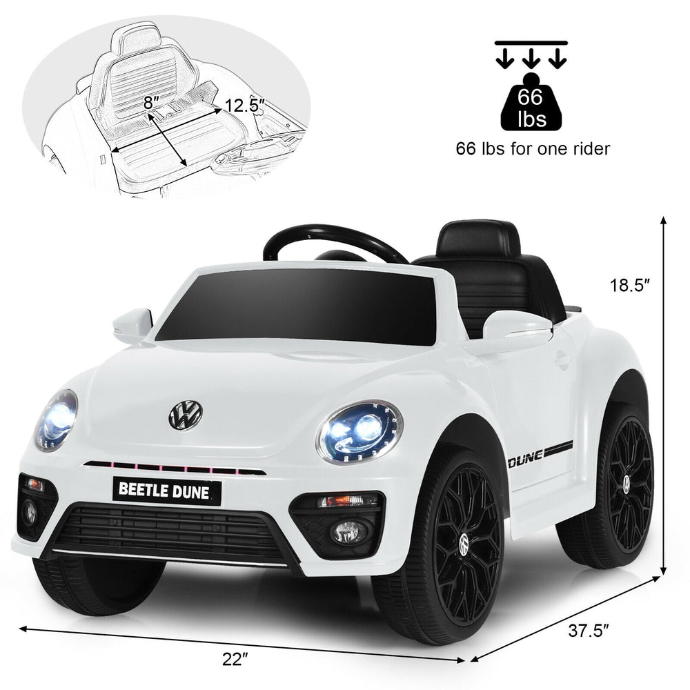 Volkswagen Beetle kids electric ride-on car in white, featuring remote control, lights, and a 66 lbs weight limit for.