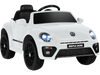 Volkswagen Beetle kids electric ride-on car in white, featuring remote control, lights, and spring suspension for.