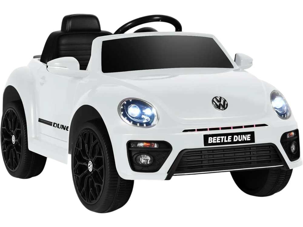 Volkswagen Beetle kids electric ride-on car in white, featuring remote control, lights, and spring suspension for.