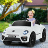 Volkswagen Beetle kids electric ride-on car in white, featuring lights, sounds, and remote control for ages 37-96.