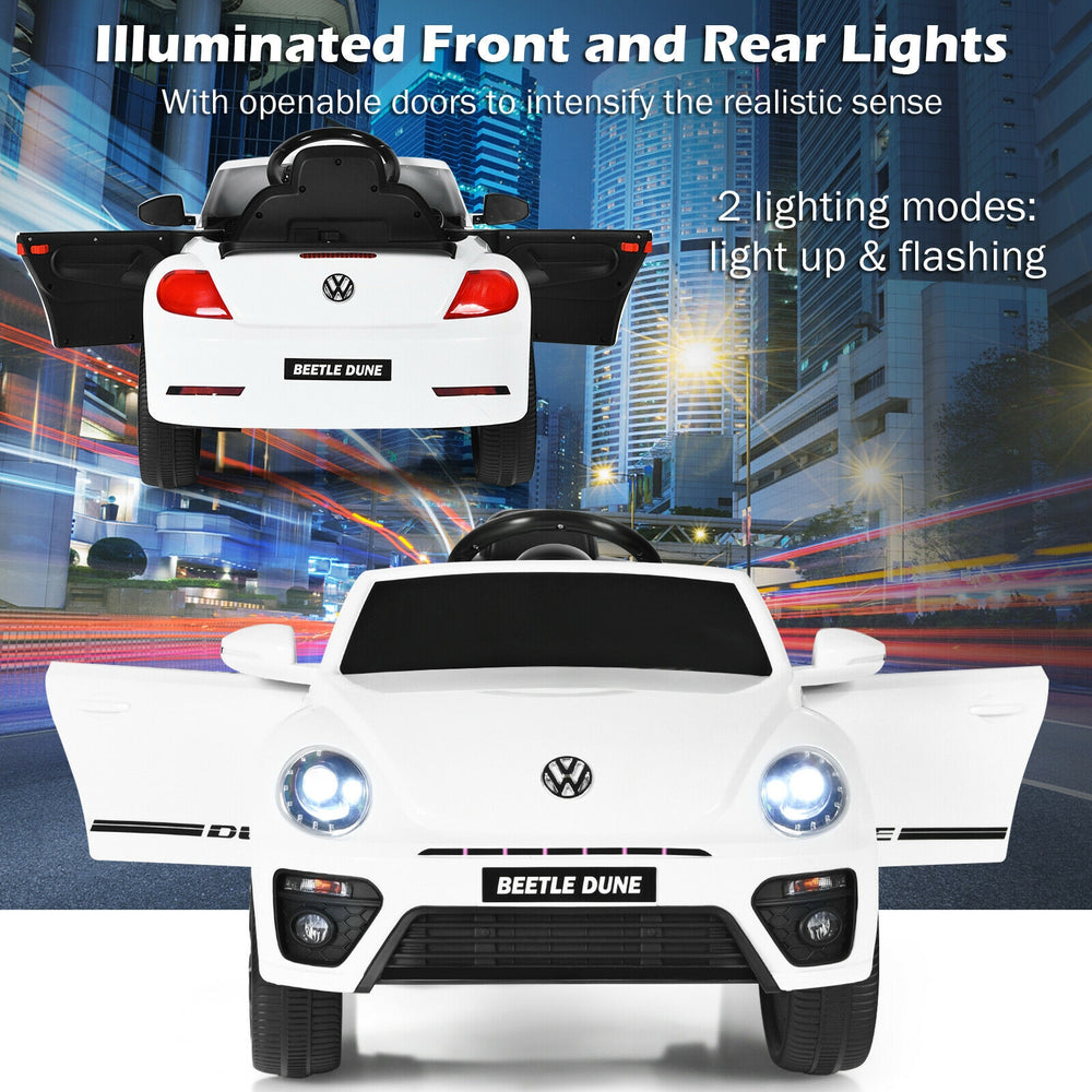 Volkswagen Beetle kids electric ride-on car in white with illuminated lights, openable doors, and remote control.