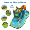 Inflatable water slide and bounce house with splash pool, slide, and water cannons for outdoor fun in gardens and parks.