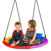Colorful 40-inch saucer swing with pillow and handles, designed for outdoor use, perfect for 2-3 kids in the backyard.