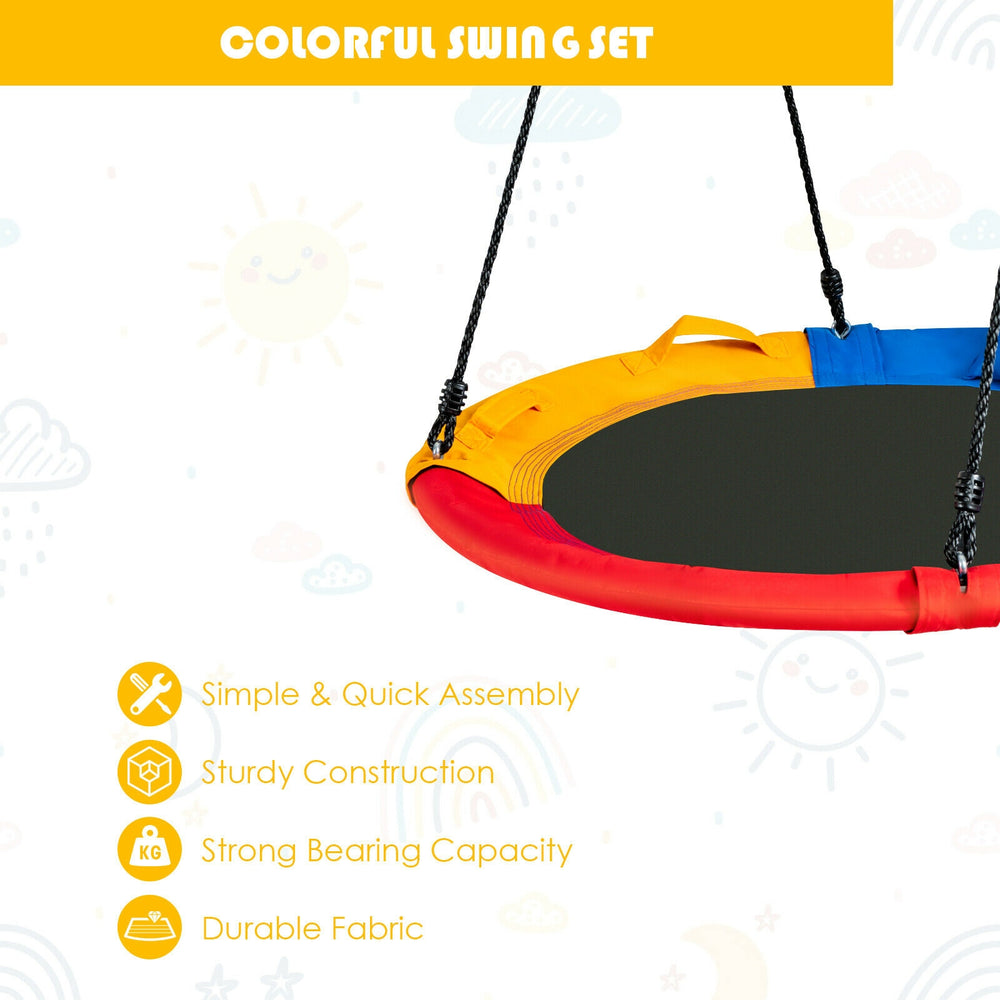Colorful 40-inch saucer swing with handles and pillow, made from durable PE and oxford cloth, perfect for outdoor fun.