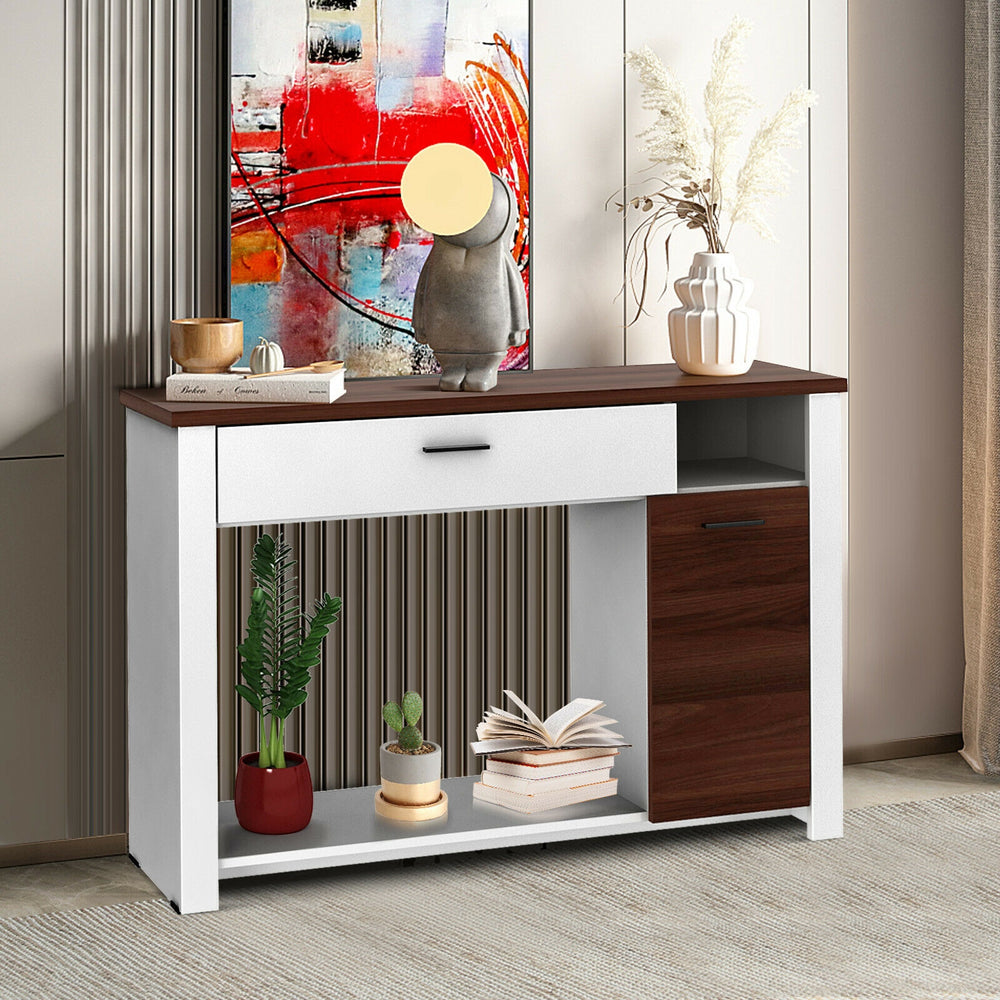 48-inch console table in white and walnut finish with drawer, cabinet, and shelf for versatile storage and display.