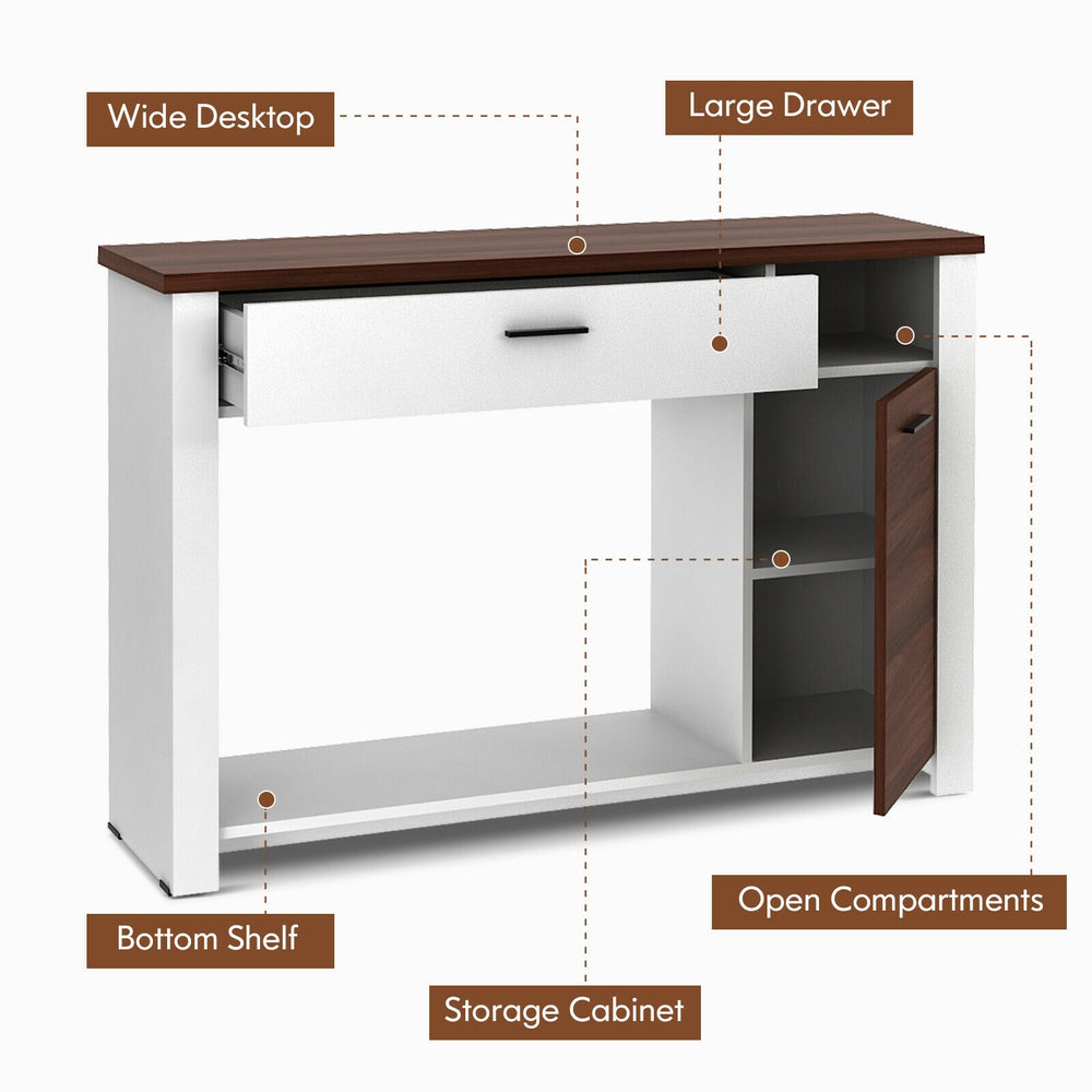 48-inch console table featuring a wide desktop, large drawer, and open compartments for versatile storage solutions.