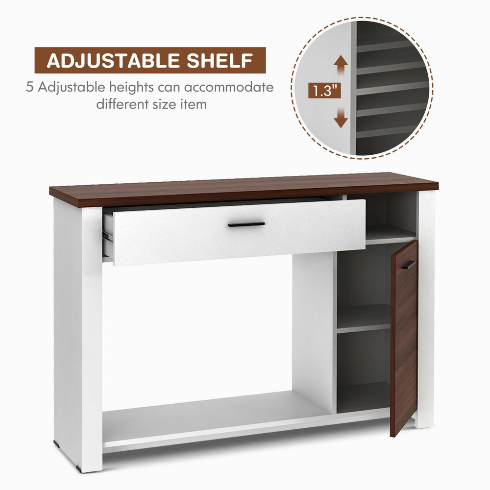 Console table featuring a wide tabletop, drawer, cabinet, and adjustable shelf for versatile storage solutions.