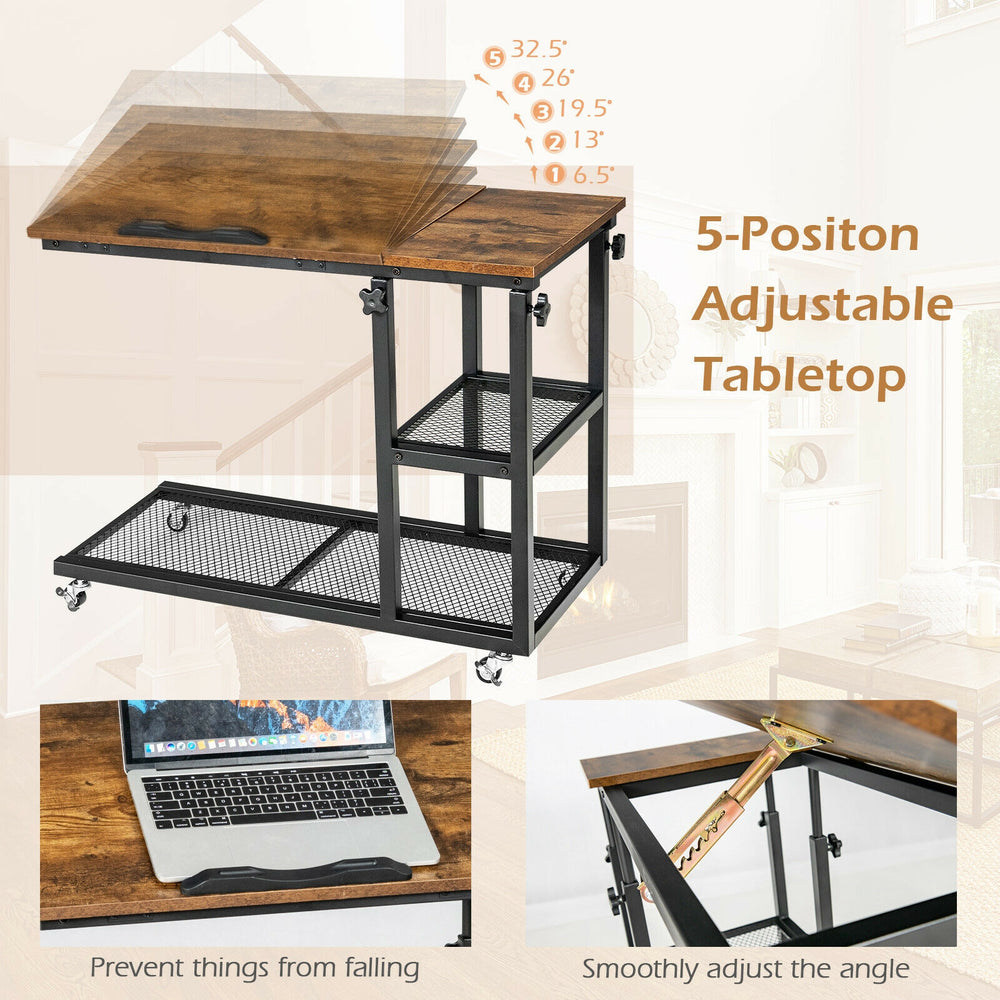 Adjustable C-shaped bedside table in rustic brown with a 5-position tabletop, lockable wheels, and 2-tier wire shelf.