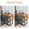 C-shaped adjustable bedside table in rustic brown, height range 25" to 36", with lockable wheels and 2-tier shelf.