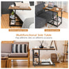 C-shaped adjustable bedside table in rustic brown, featuring lockable wheels and a 2-tier wire shelf for versatile use.