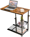 C-shaped adjustable bedside table in rustic brown with lockable wheels and 2-tier shelf for versatile use.