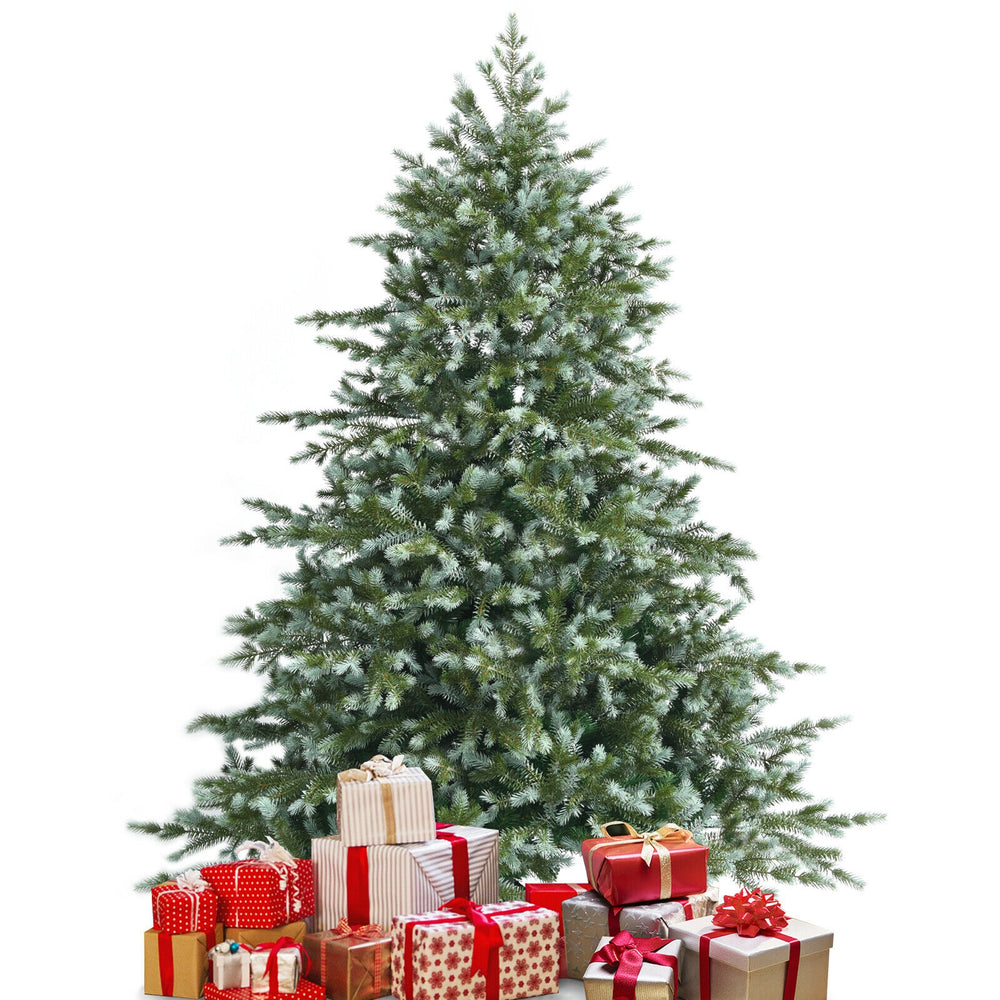 6 feet artificial Christmas spruce tree with dense PE and PVC branches, surrounded by festive wrapped gifts for holiday.