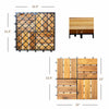 Acacia wood interlocking patio deck tile, 12 x 12 inches, showcasing dimensions for easy installation and outdoor use.