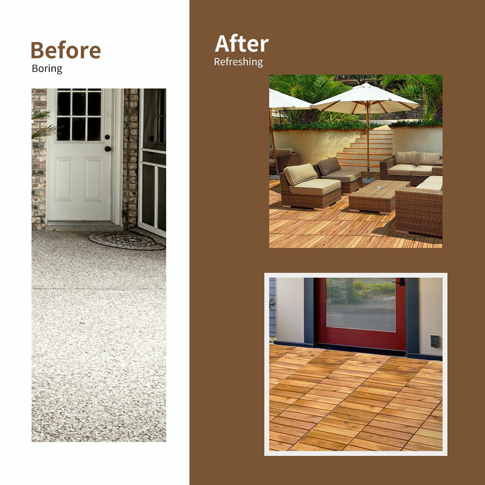 Acacia wood interlocking patio deck tiles shown in a refreshed outdoor space, ideal for patios and terraces.