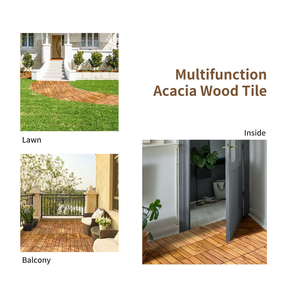 Acacia wood interlocking patio deck tiles shown in various settings, ideal for outdoor and indoor flooring solutions.