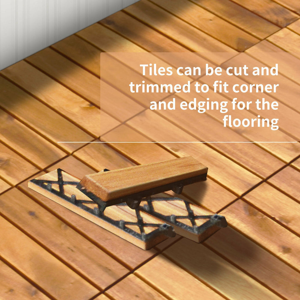 Acacia wood interlocking patio deck tile with cutting tool, ideal for customizing flooring in outdoor spaces.