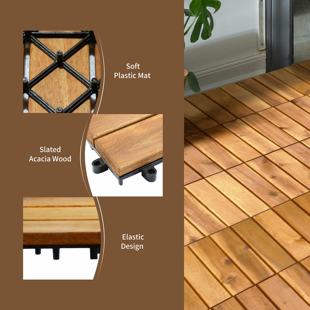 Interlocking acacia wood patio deck tiles with soft plastic mats, ideal for outdoor flooring and easy installation.